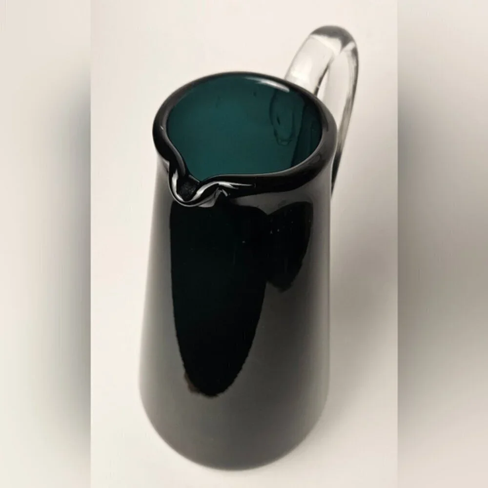 Vintage MCM Art Glass Pitcher Vase Blue Green Minimalist 10”
